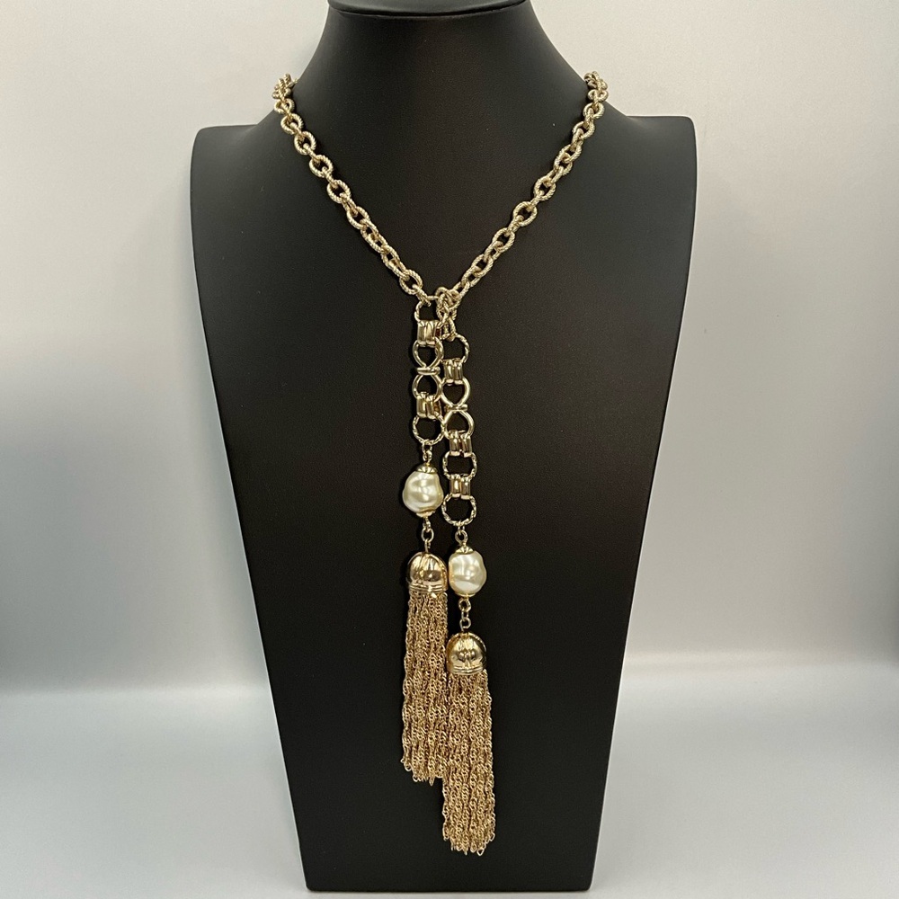 Gold-Tone Chain Necklace with Tassel and Pearl Accents